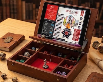 Organizador de tabletas para juegos de rol para sesiones de D&D en línea, caja de dados de madera y estación de jugador F_LUX