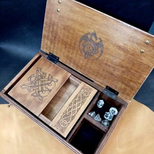 SET Dice tower and dice box Celtic image and  Dungeons game Dragons Dice Tray dnd Personalized  dice storage D20 Dice tray