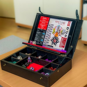 Rpg Tablet organizer for play online. Dice wooden box with sections for storing dice and accessories/electronic devices /big dice storage