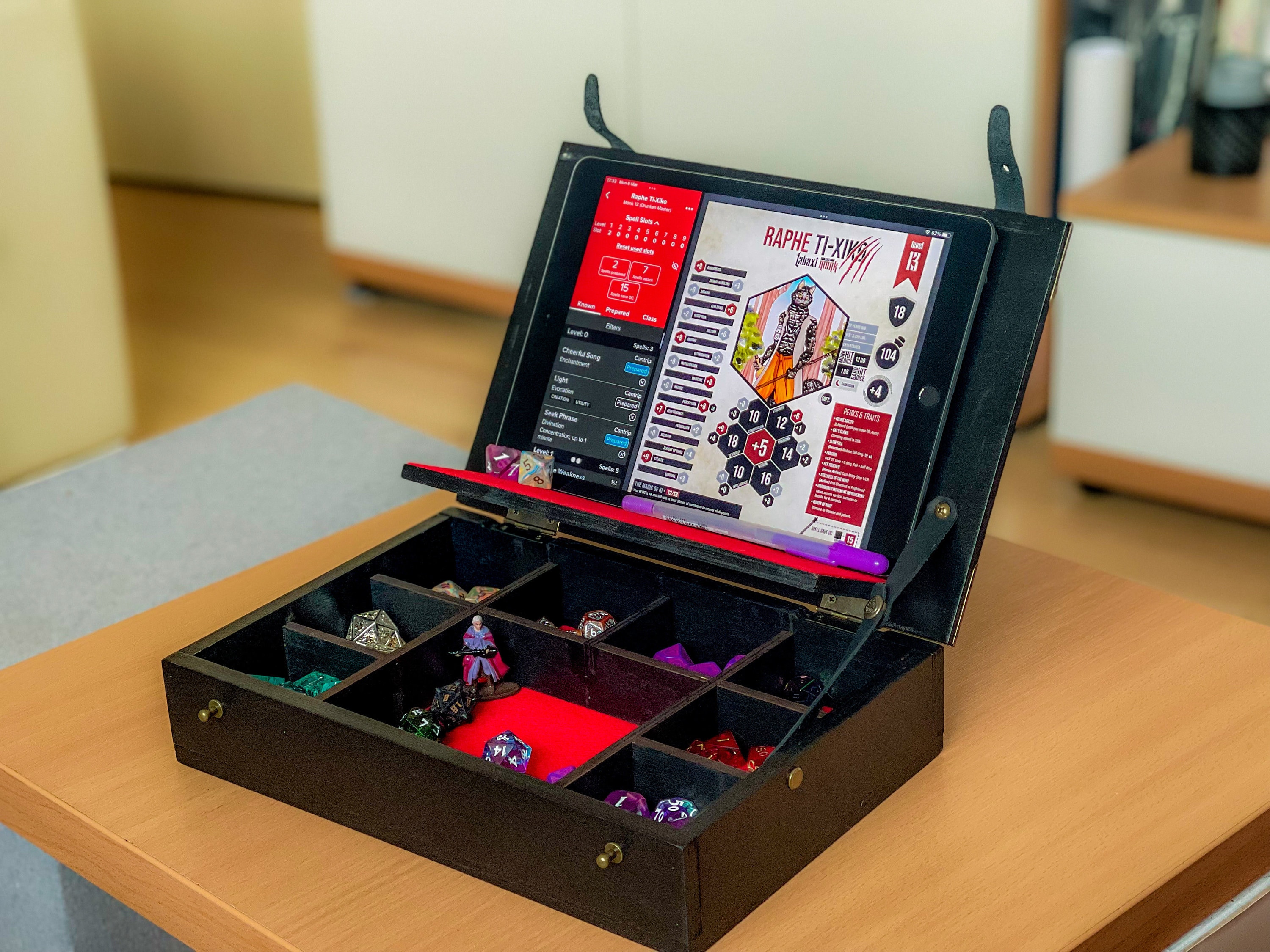 Rpg Tablet Organizer for Play Online. Dice Wooden Box With