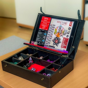 Rpg Tablet organizer for play online. Dice wooden box with sections for storing dice and accessories/electronic devices /big dice storage