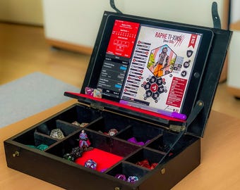 Rpg Tablet organizer for play online. Dice wooden box with sections for storing dice and accessories/electronic devices /big dice storage