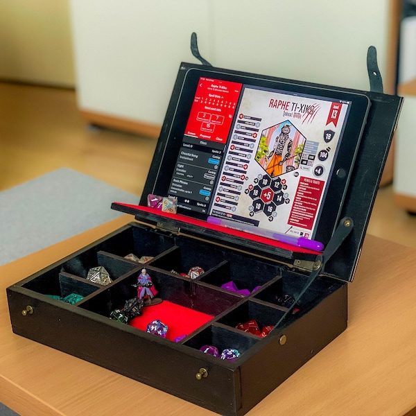 Rpg Tablet organizer for play online. Dice wooden box with sections for storing dice and accessories/electronic devices /big dice storage