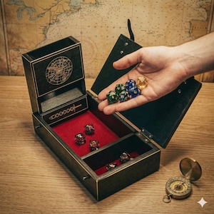 Peut inclure: Une boîte à dés en bois noir avec un intérieur en velours rouge, ornée d'une carte céleste dorée et d'une gravure d'épée sur le couvercle. La boîte contient plusieurs dés polyédriques, avec d'autres dés tenus dans une main, et une boussole.