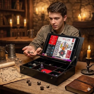 May include: A black wooden dice box with compartments, a red felt bottom, and a built-in tablet stand. The tablet displays a role-playing game interface. Dice and miniature figures are inside the box, with more dice on the wooden table.
