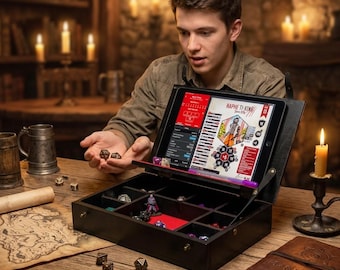 Organizador de tabletas para juegos de rol para sesiones de D&D en línea, caja de dados de madera y estación de jugador F_ON