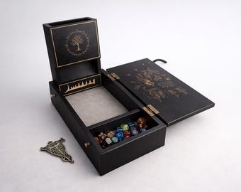 Caja de dados personalizada para DM de El Señor de los Anillos con torre de dados, organizador de dados de madera para D&D, accesorios de rol inspirados en Tolkien, almacenamiento de dados de la Tierra Media