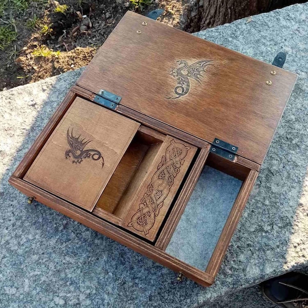 Juego de bandeja de dados marrón y torre de dados Árbol de la vida Dados de dragones celtas Bandeja de almacenamiento de dados personalizada Yggdrasil celta