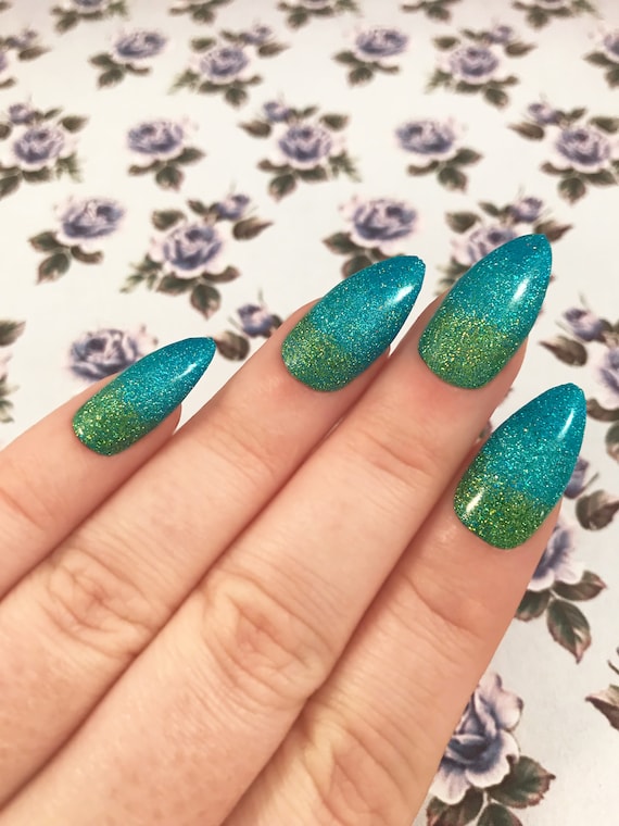 Ombre Nails Hand Painted Green Blue And Turquoise 3 Glitter Etsy