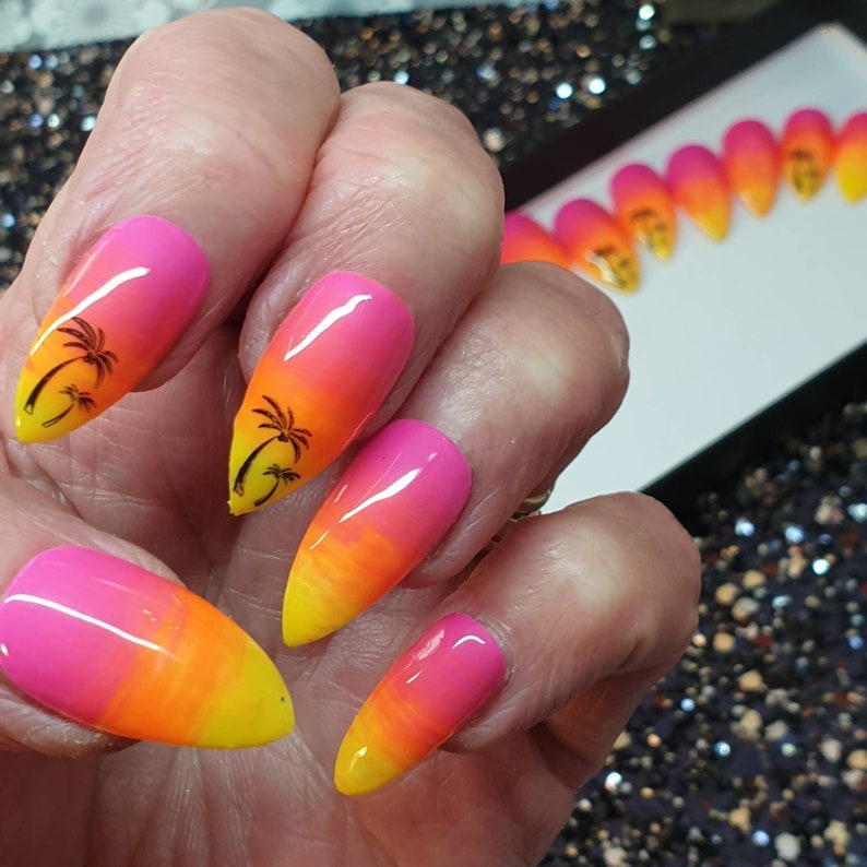 Tropical Ombre nails in pink orange & yellow with palm trees. | Etsy