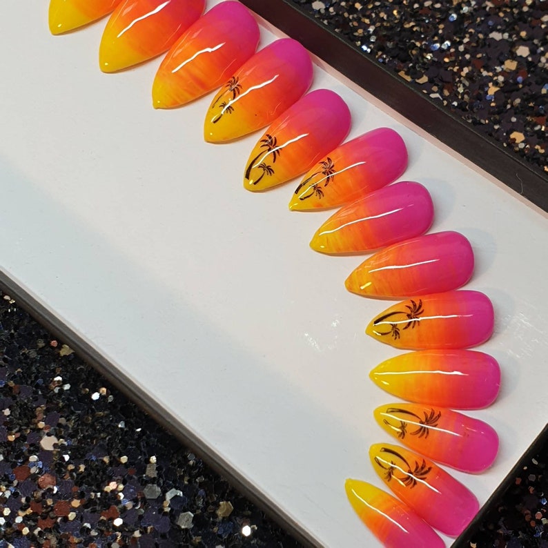 Tropical Ombre nails in pink orange & yellow with palm trees. | Etsy