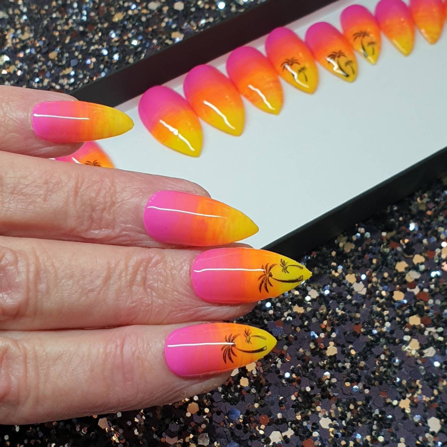 Tropical Ombre nails in pink orange & yellow with palm trees. | Etsy