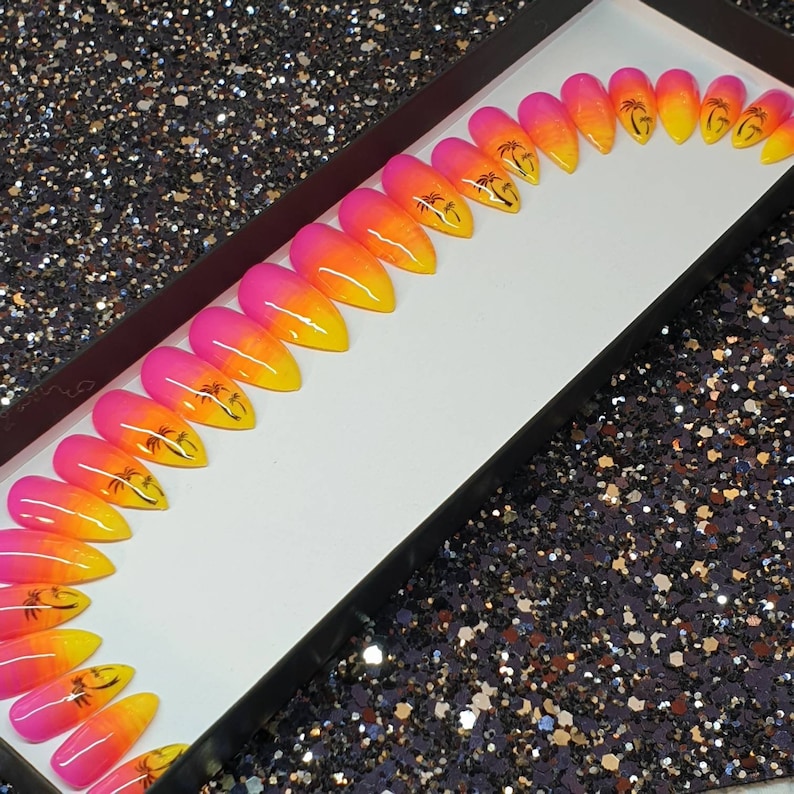 Tropical Ombre nails in pink orange & yellow with palm trees. | Etsy