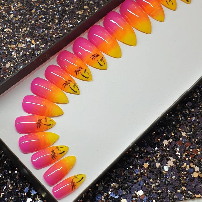 Tropical Ombre nails in pink orange & yellow with palm trees. | Etsy