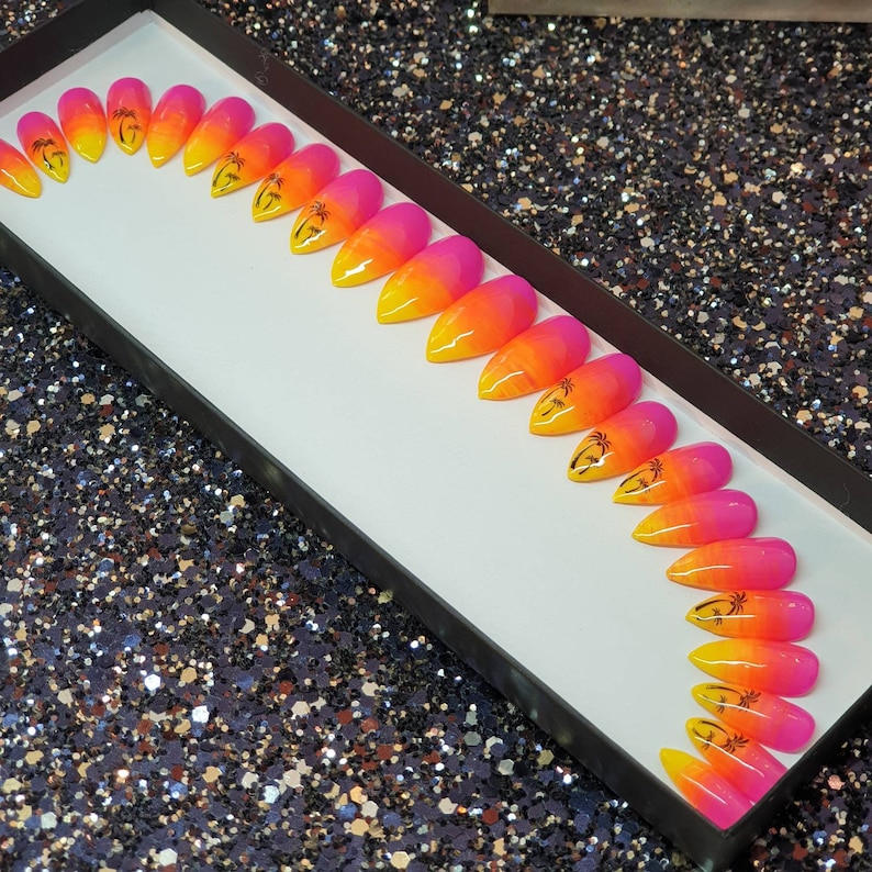 Tropical Ombre nails in pink orange & yellow with palm trees. | Etsy