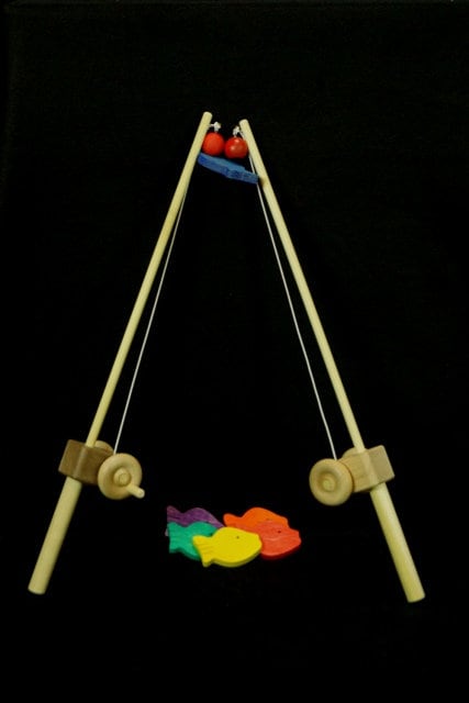 1 Natural Finish Wooden Fishing Pole Great for Developing Motor Skills and  Wonderful for Both Girls and Boys W/ 3 Fish 