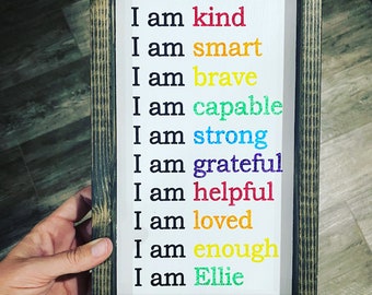 Personalized "I AM" Wood Sign, rainbow, custom color, nursery, kids room, teacher, gift, self love, Valentine’s, Christmas, affirmations