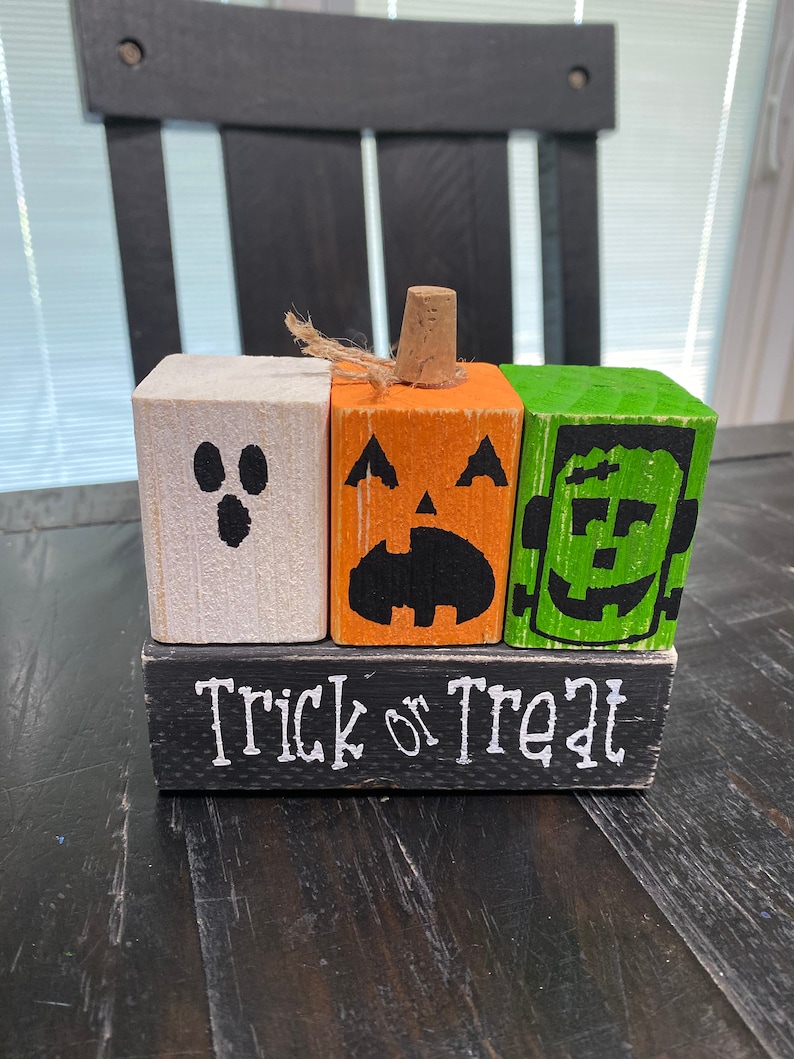 Wood Trick or Treat Blocks, Wood Halloween blocks, trick or treat sign, halloween sign, halloween decor, halloween decoration, mantel decor image 1