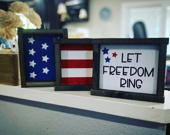 Fourth of July Decor, Mini patriotic signs, Tiered tray patriotic signs and decor, Independence Day signs, Memorial Day Decor