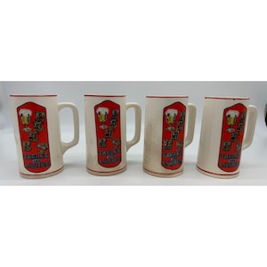 Set Of 4 Vintage Beer Mugs With &quot;Tables For Ladies&quot; Design - Beige & Red