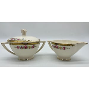 Vtg Edwin M. Knowles China Co Porcelain Creamer & Sugar Bowl Set Gold Rim Floral