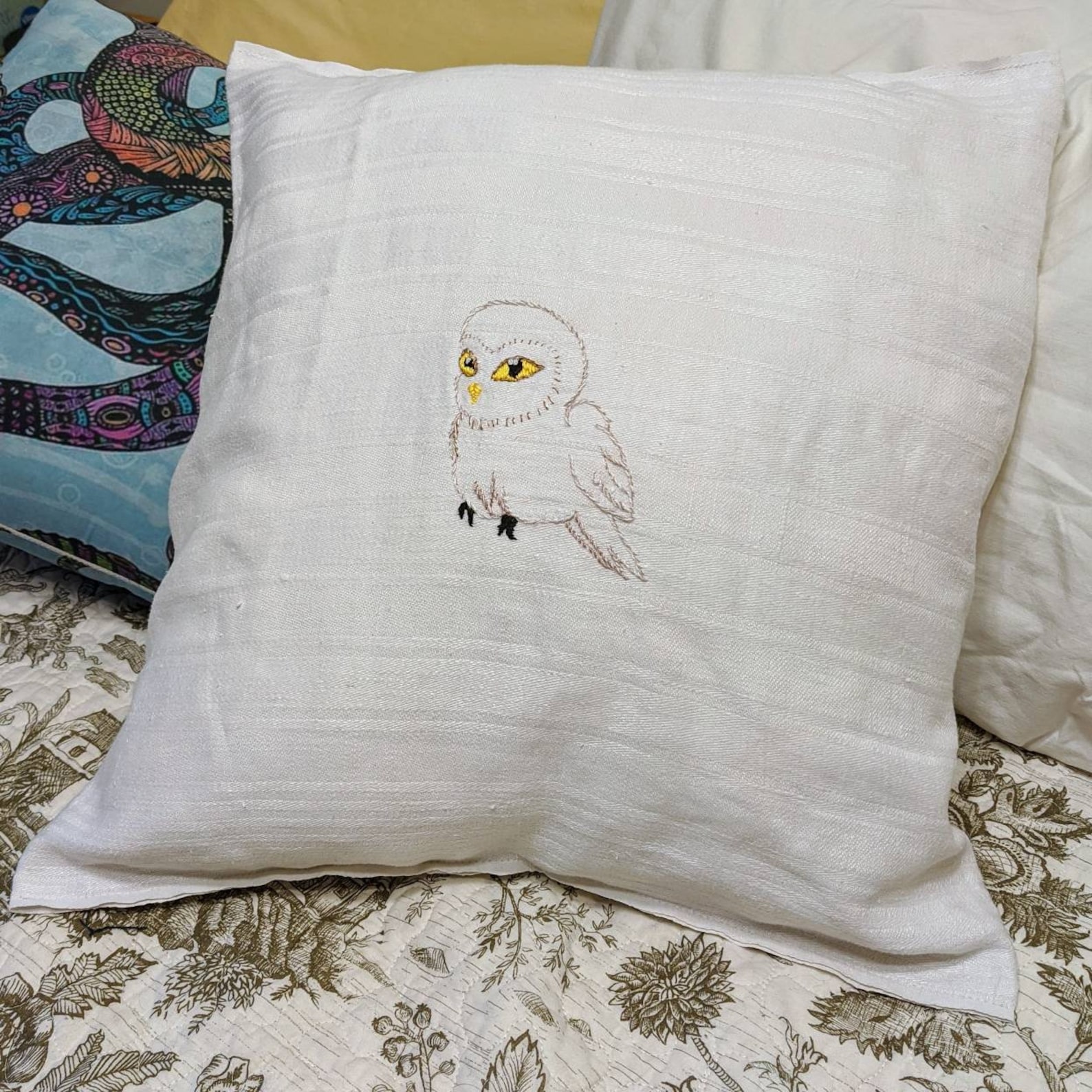 Handmade embroidered pillow sham. Baby Hedwig embroidered on Etsy