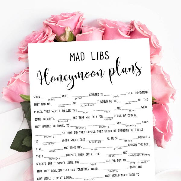 Bridal Mad Libs game template Fun Wedding Madlibs "Honeymoon plans" DIY story Instant download PDF JPEG