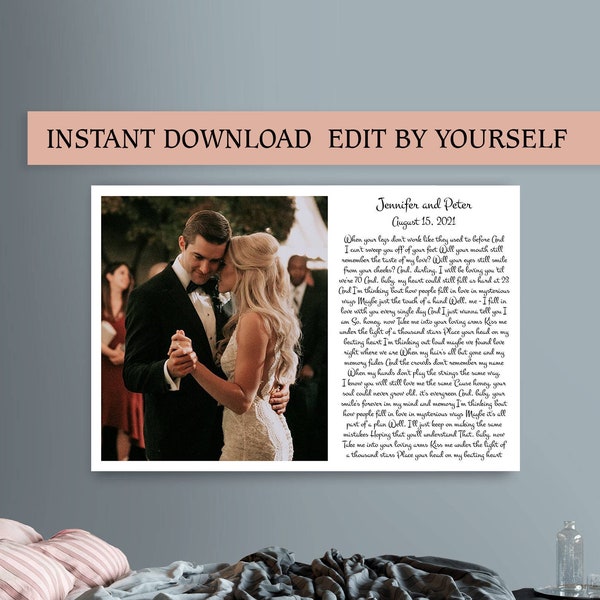 First dance lyrics print with photo Wedding song lyric canvas printable Editable with TEMPLETT app Digital download