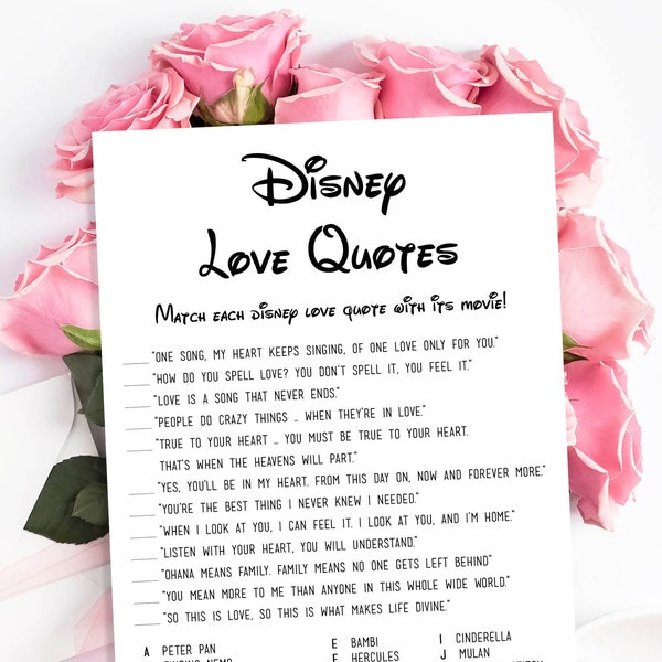 Love Quotes Bridal Shower Game, Printable Matching Love Quote Game Template with Answers, Instant download PDF JPEG