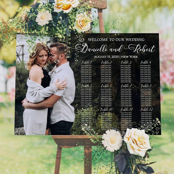 Photo seating chart Editable in TEMPLETT Wedding table assignment template with picture Printable tables plan signs Instant download