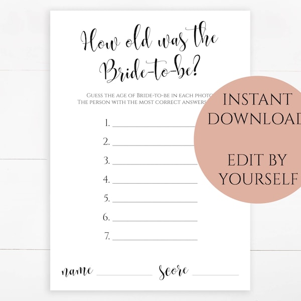 How old was the Bride to be game printable Editable PDF Bridal Shower games cards Custom Guess the brides age card Instant download