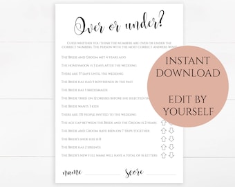 EDITABLE Over or under Bridal Shower game printable Customizable PDF template cards Wedding Shower games Instant download