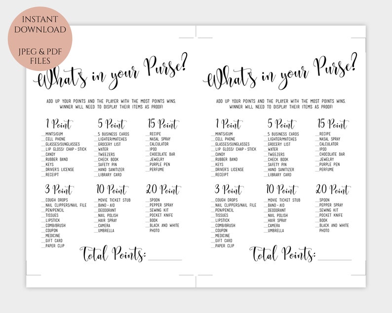 Whats in Your Purse Game Bridal Shower Printable Template 5x7 Inches ...