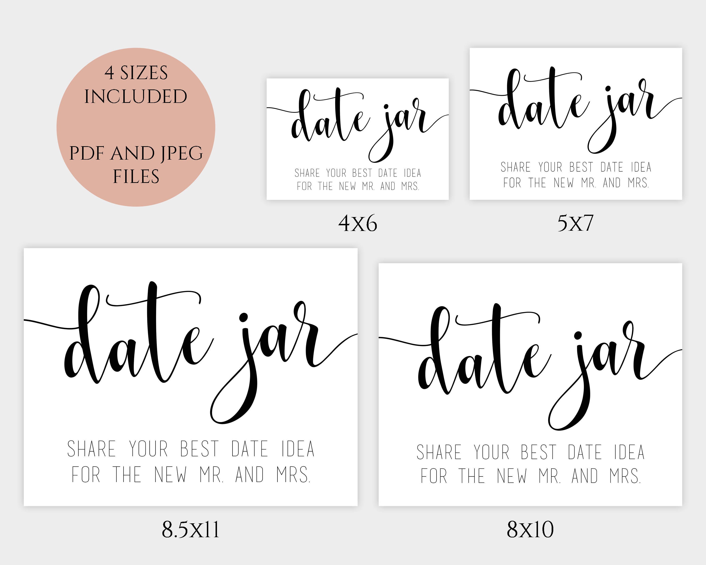 Date Jar Sign Printable Bridal Shower Date Night Ideas 4x6 5x7 - Etsy