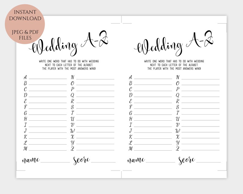 Wedding A-Z Game Printable Bridal Shower A to Z Alphabet Game - Etsy