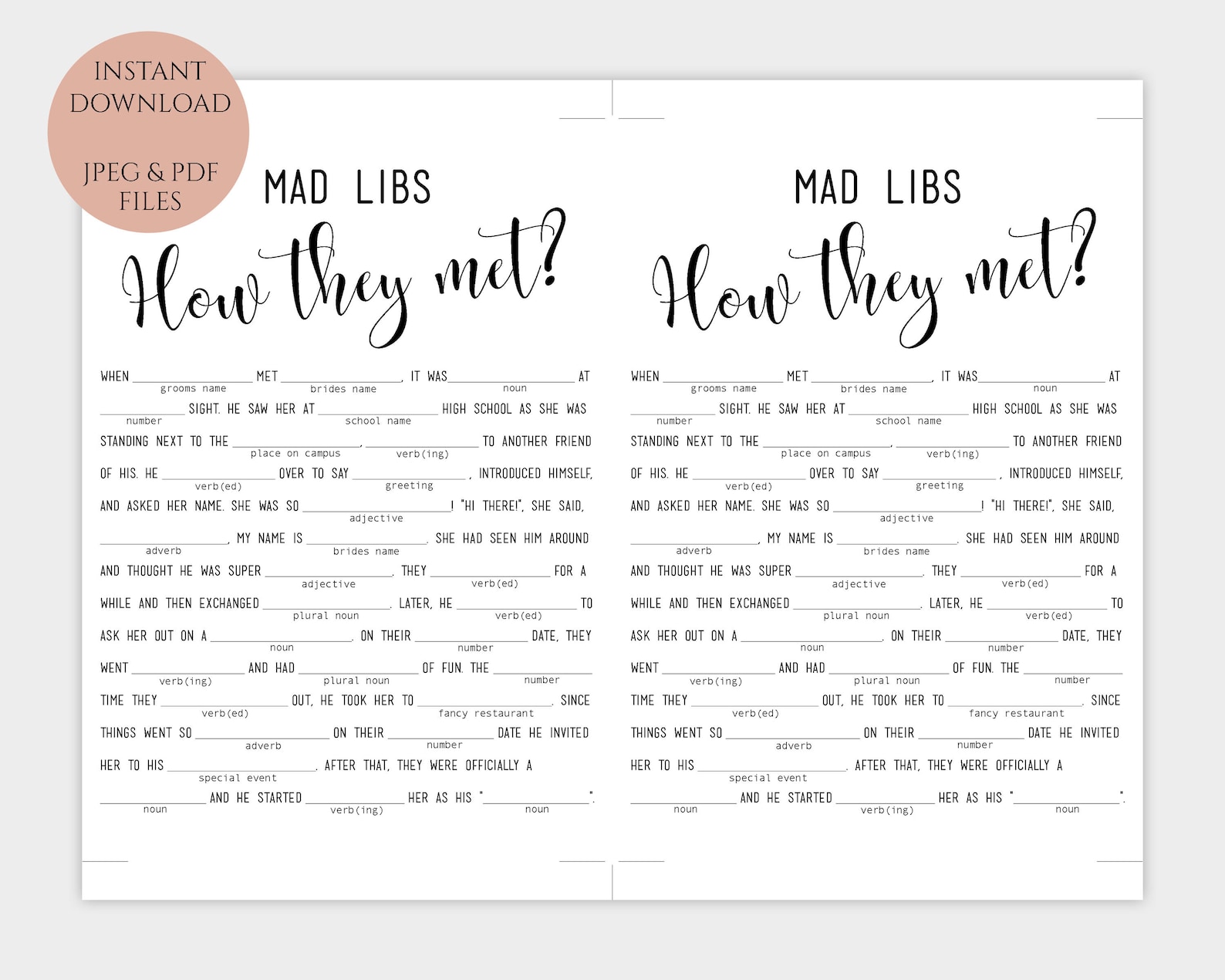 Wedding Mad Libs how They Met Story Printable Madlib Bridal Words Game ...