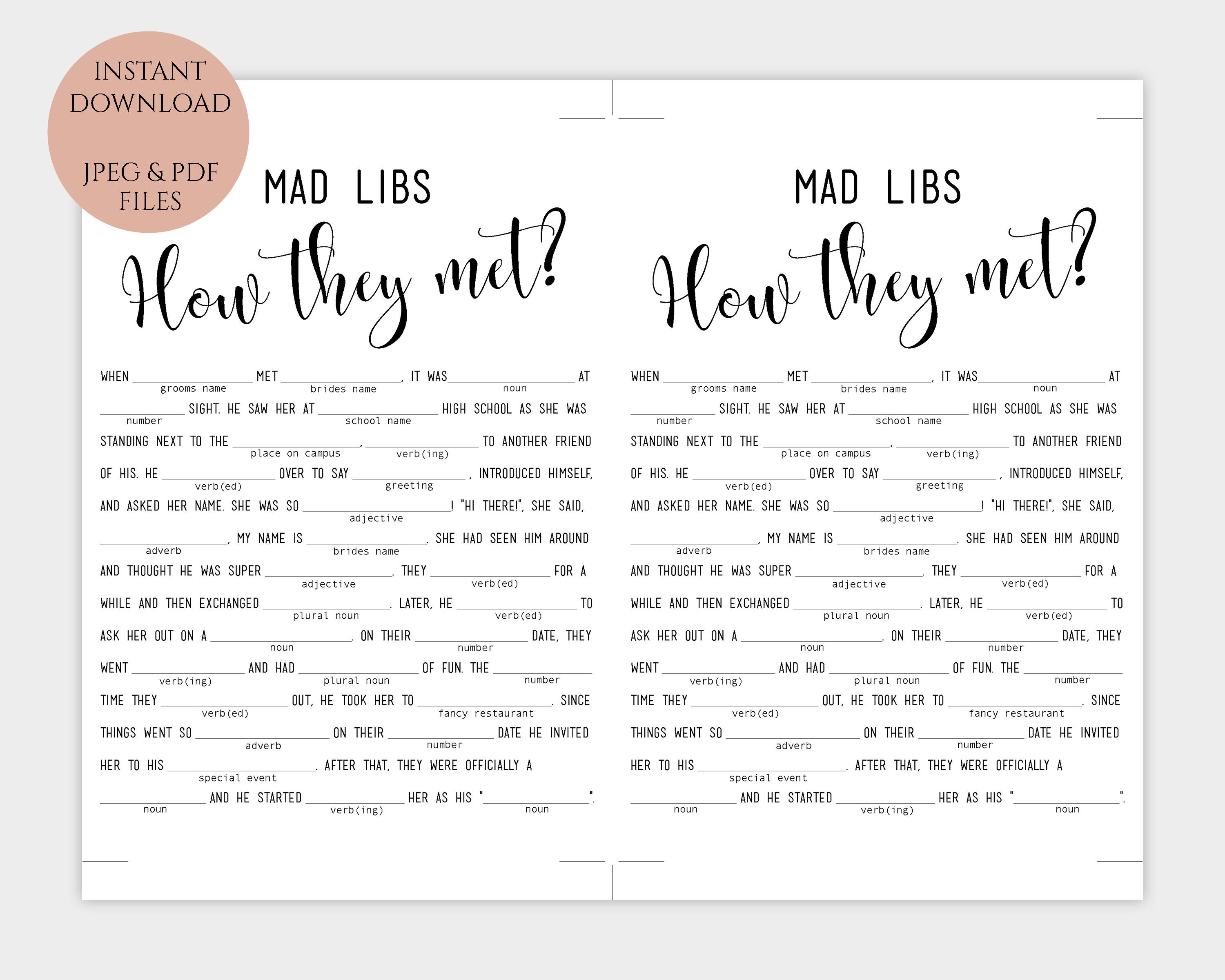 Wedding Mad Libs how They Met Story Printable Madlib Bridal Words Game ...