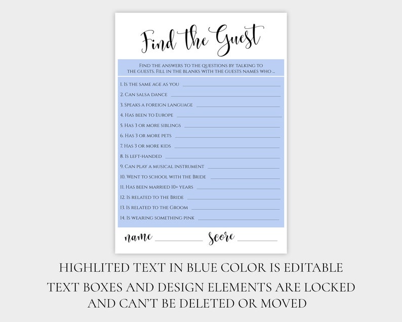 EDITABLE Find the Guest Bridal Shower Game Printable Custom PDF ...