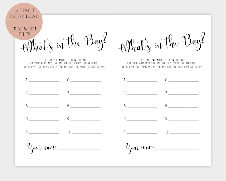 What's in the Bag Game Printable Bridal Shower Activity Template DIY Instant Download PDF JPEG