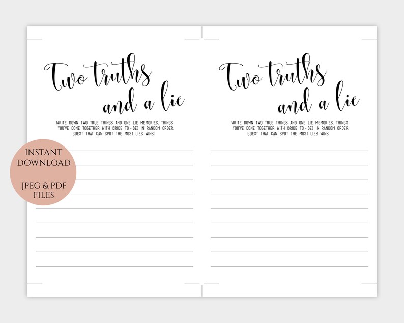 Two Truths and a Lie, Printable Bridal Shower game template, Instant download PDF JPEG image 2