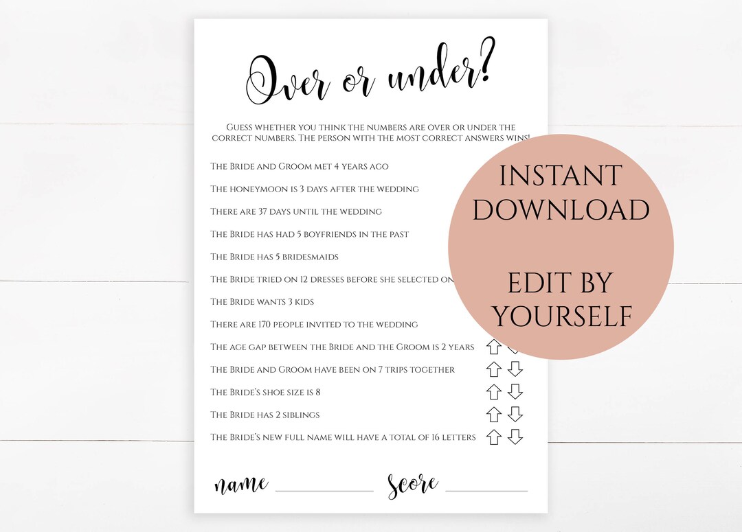 EDITABLE Over or Under Bridal Shower Game Printable Customizable PDF ...