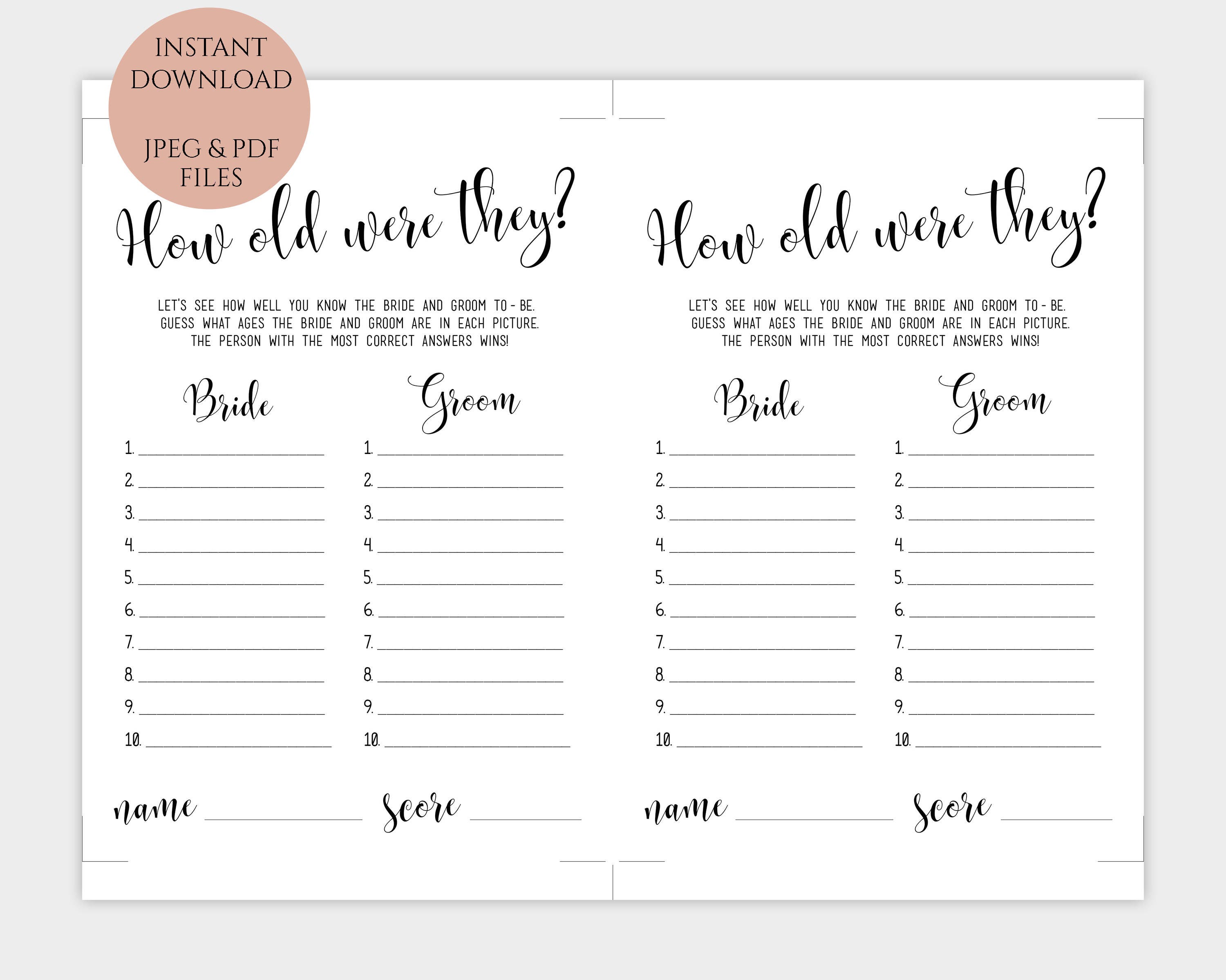 How Old Were They Game Printable How Old Were the Bride and Groom Game ...