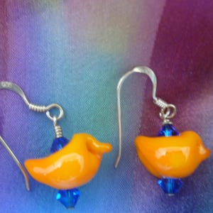 Earrings orange bird, blue crystals image 2