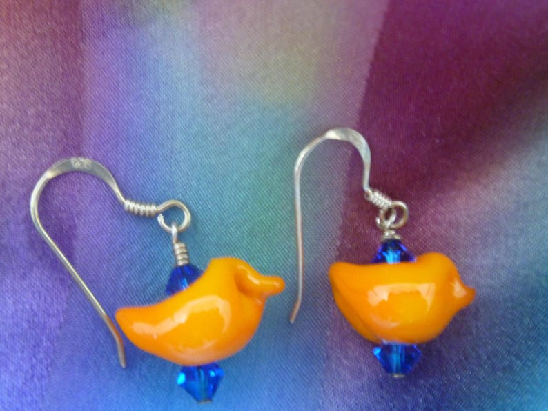 Earrings orange bird, blue crystals image 2