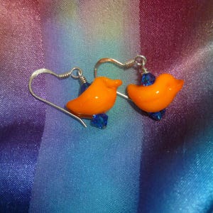 Earrings orange bird, blue crystals image 1