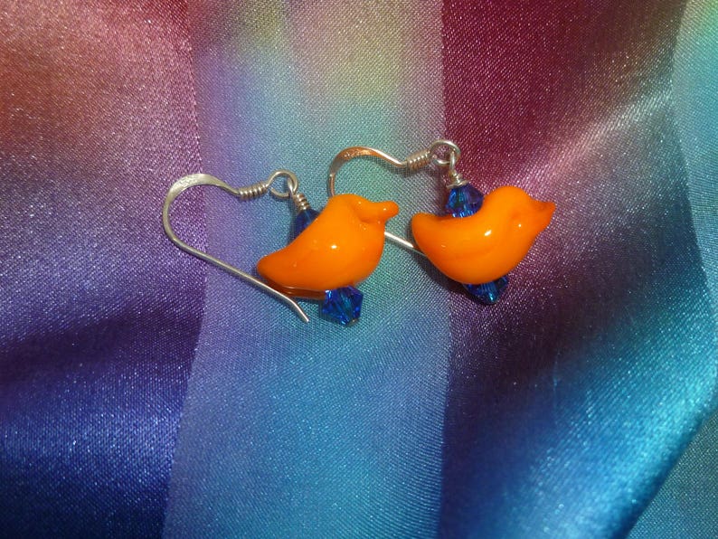 Earrings orange bird, blue crystals image 1