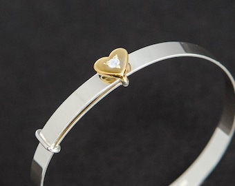 Baby Bangle Bracelet Gold Heart with Diamond like cz, Sterling Silver 925, Adjustable for Baptism, Baby Shower, Birthday, Newborn - Gift Box