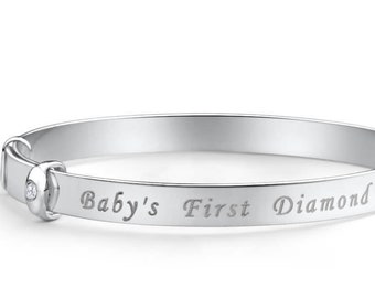 Sterling Silver 925 Baby Bangle Bracelet with &#39;Baby&#39;s first Diamond&#39;, real Diamond, adjustable/expandable Baby Shower, Baptism, Gift Box