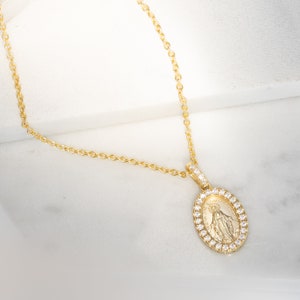Miraculous Medal in 18K Gold over Sterling Silver Virgin Mother Mary Pendent Necklace cz set on 18 - 16 inch Link Chain Religious gift