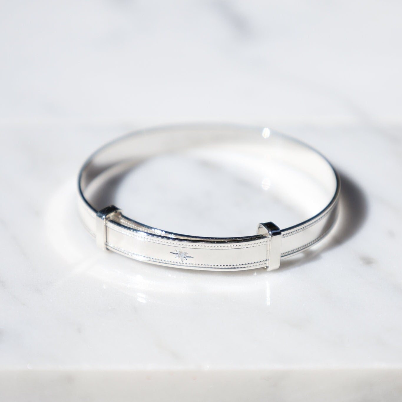 Vintage Style Baby Bangle Bracelet with Real Diamond in Sterling Silver 925 Adjustable, Christening, Baby Shower, Newborn - Gift Box